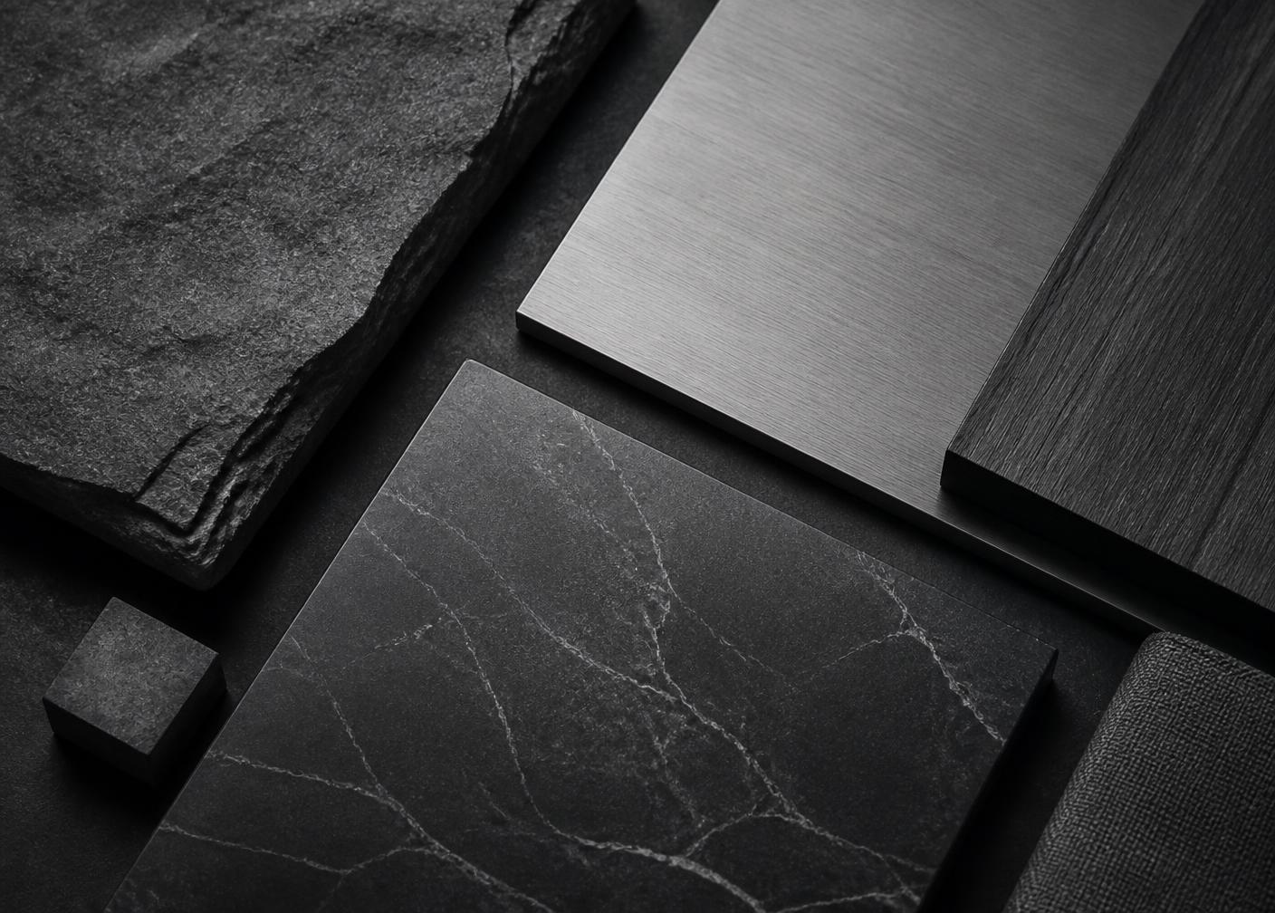 Échantillons de pierre, métal brossé et bois disposés sur une surface sombre